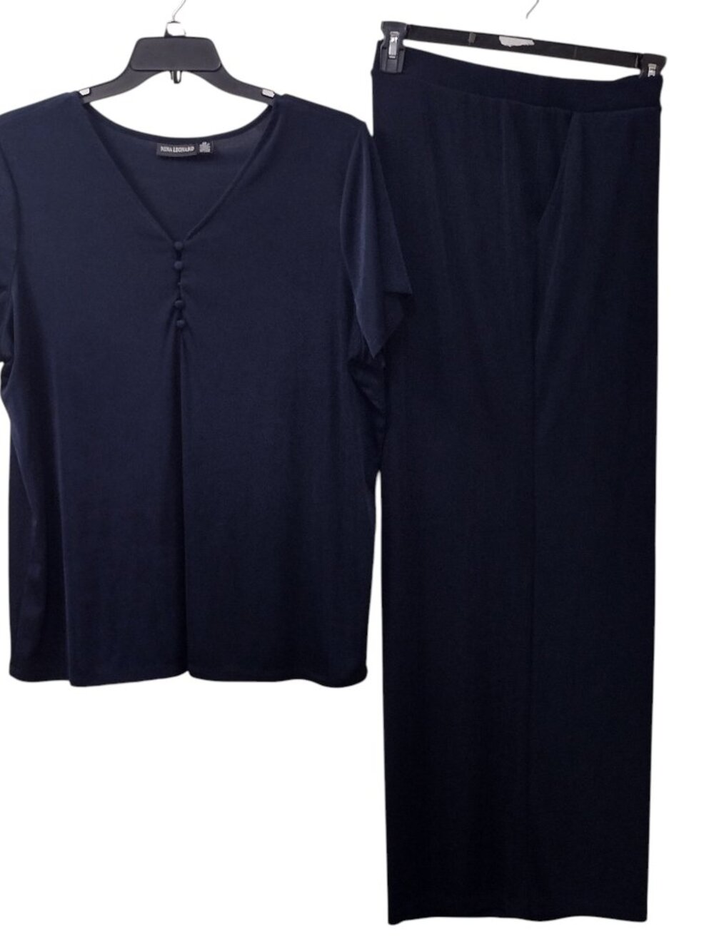 Nina Leonard 2pc Short Sleeve Top & Pant Set, Size 2X, Navy Blue